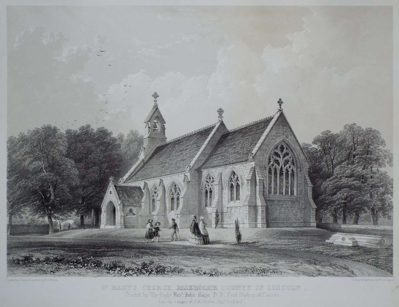 Lithograph - St. Mary's Church, Riseholme, County of Lincoln. Erected by the Right Revd. John Kaye D.D. Lord Bishop of Lincoln from the designs of S.S.Truton Esqre. Architect - Walters